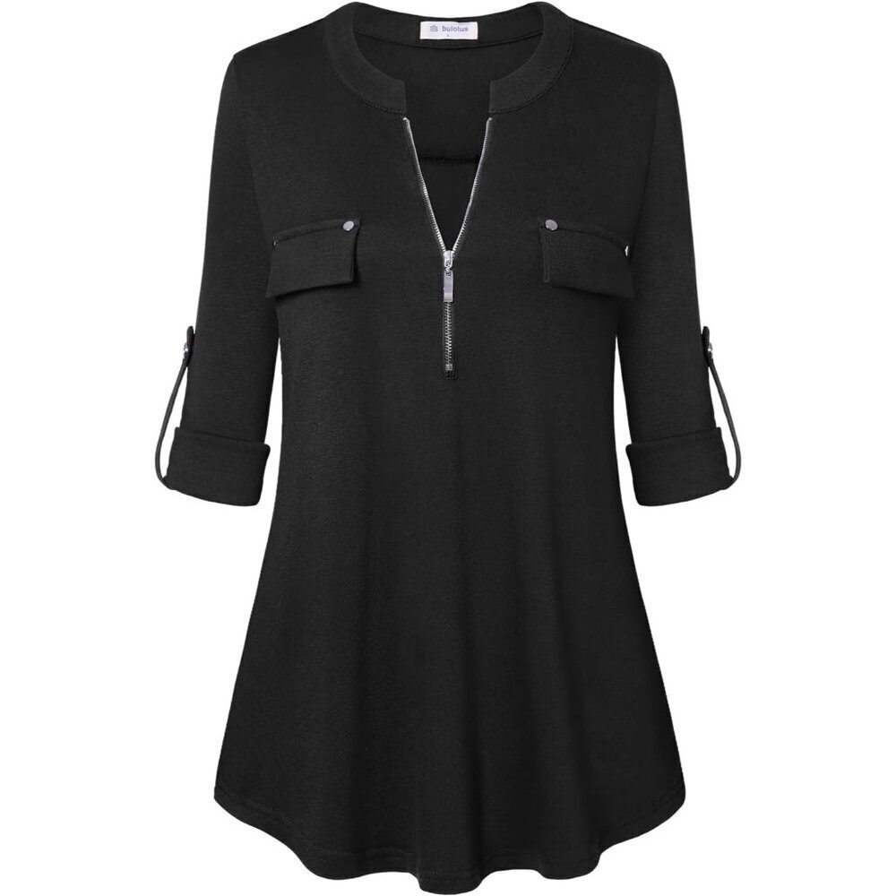 Women's V-Neck Zip Front 3/4 Sleeve Top Business Casual Cotton Blend